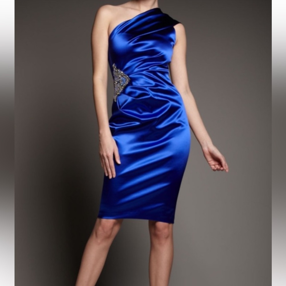 David Meister Sapphire Blue One-Shoulder Mini Dress